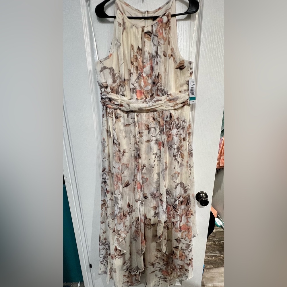 Brand new dress with tags.  Bought from Belk.  True to size.  Floor length.